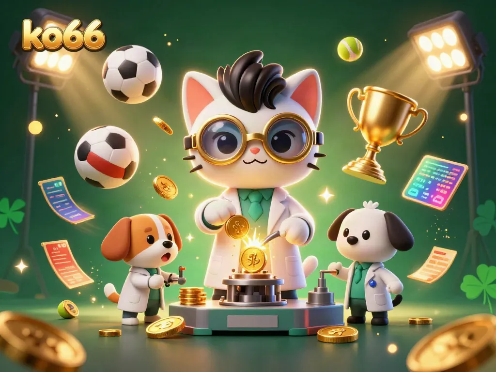 Experience the thrill of ko66 with a vibrant 3D cartoon scene showcasing betting excitement and casino atmosphere.