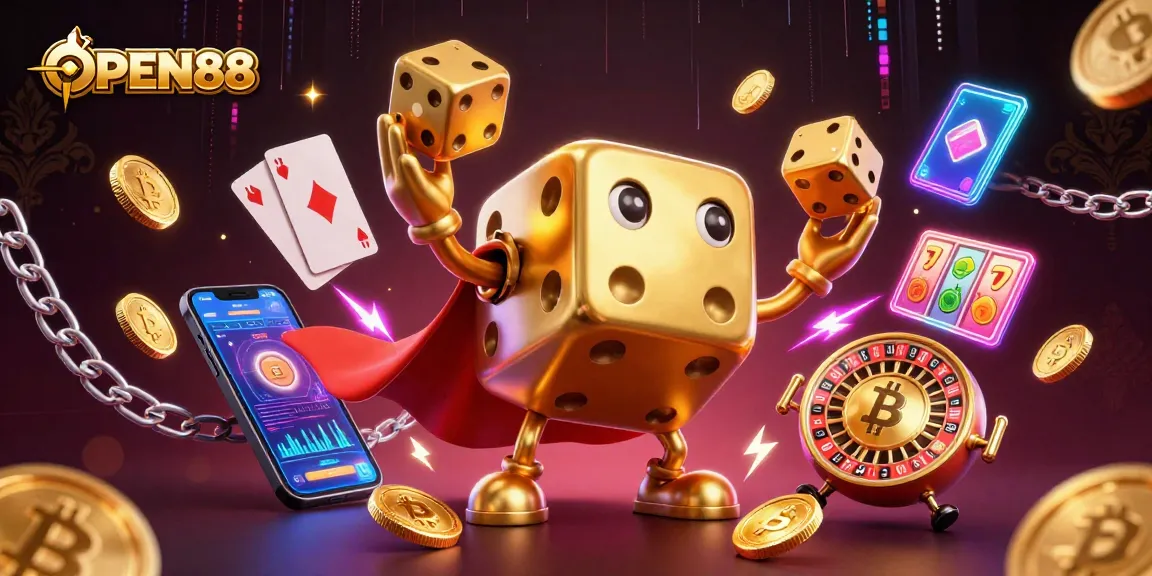 OPEN88 casino illustration with golden dice, crypto coins, and vibrant slot game elements