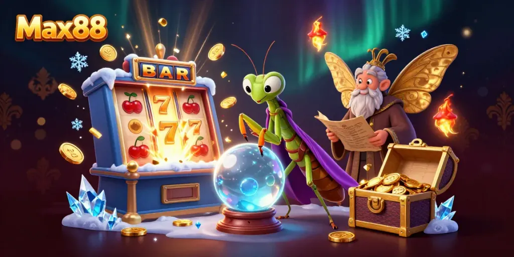 Engage with the Max88 adventure featuring a mystical fortune teller amidst a burst of casino excitement.