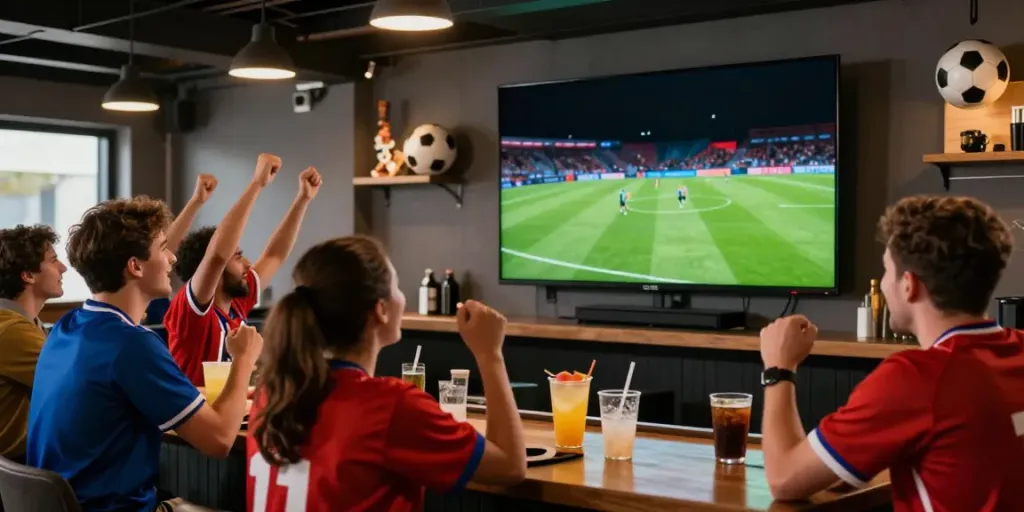 Fans enjoying the live football match on Socolive at a lively sports bar.