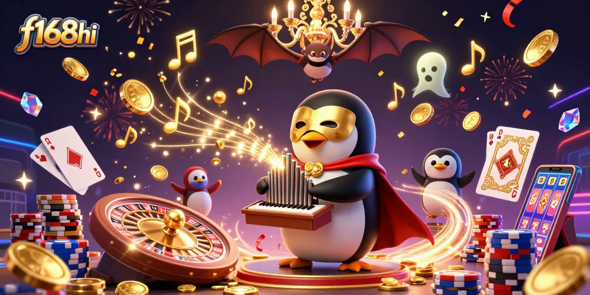 Experience thrilling gameplay at f168hi with dynamic casino elements in a vibrant, illustrated scene.