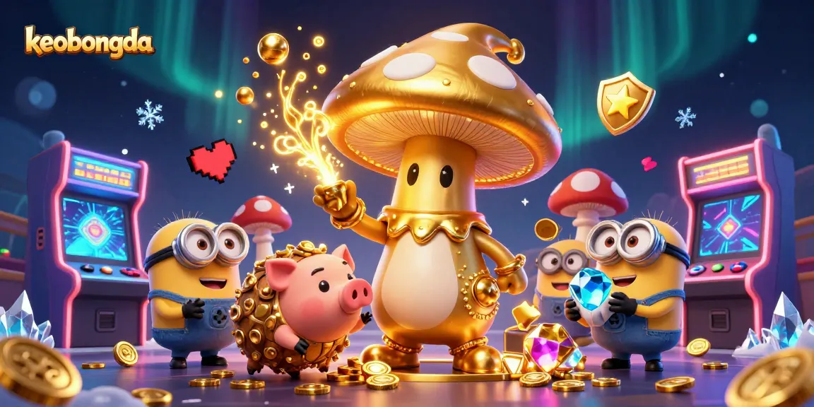 Bet on keobongda with golden mushroom wizard amidst vibrant casino gaming elements.