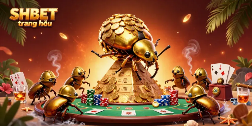 Experience the excitement of SHBET trang chủ with a 3D cartoon scene of golden beetles rolling coins and vibrant poker elements.