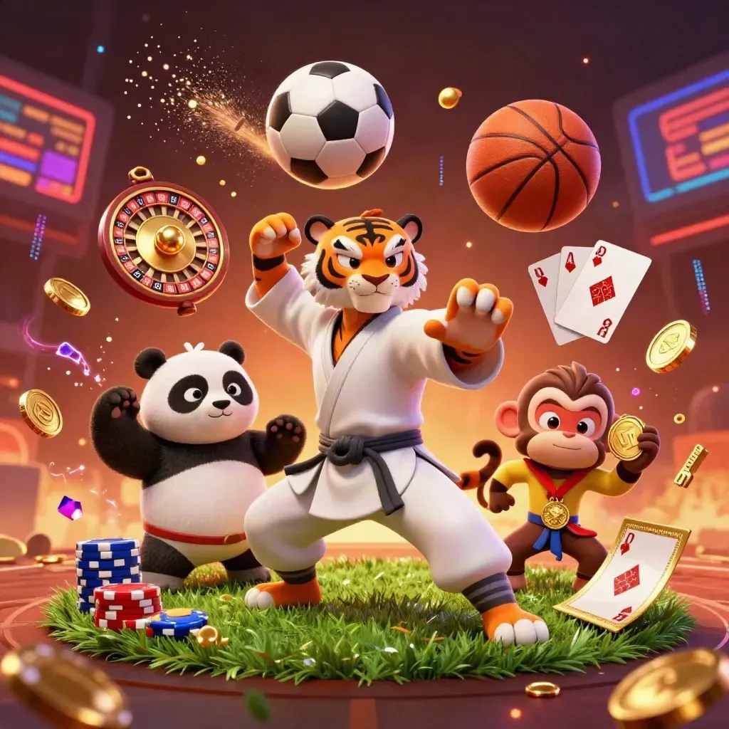 Kung-fu tiger, panda, and monkey amid flying coins, sports balls, and casino glow