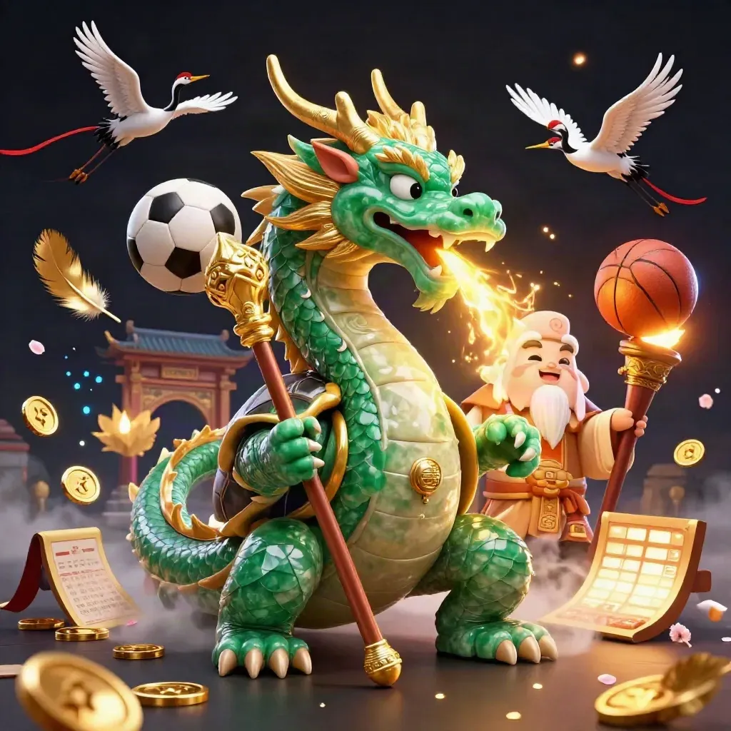 Emerald dragon, turtle sage and cranes amid gold fire, coins and sports balls on a navy casino backdrop.