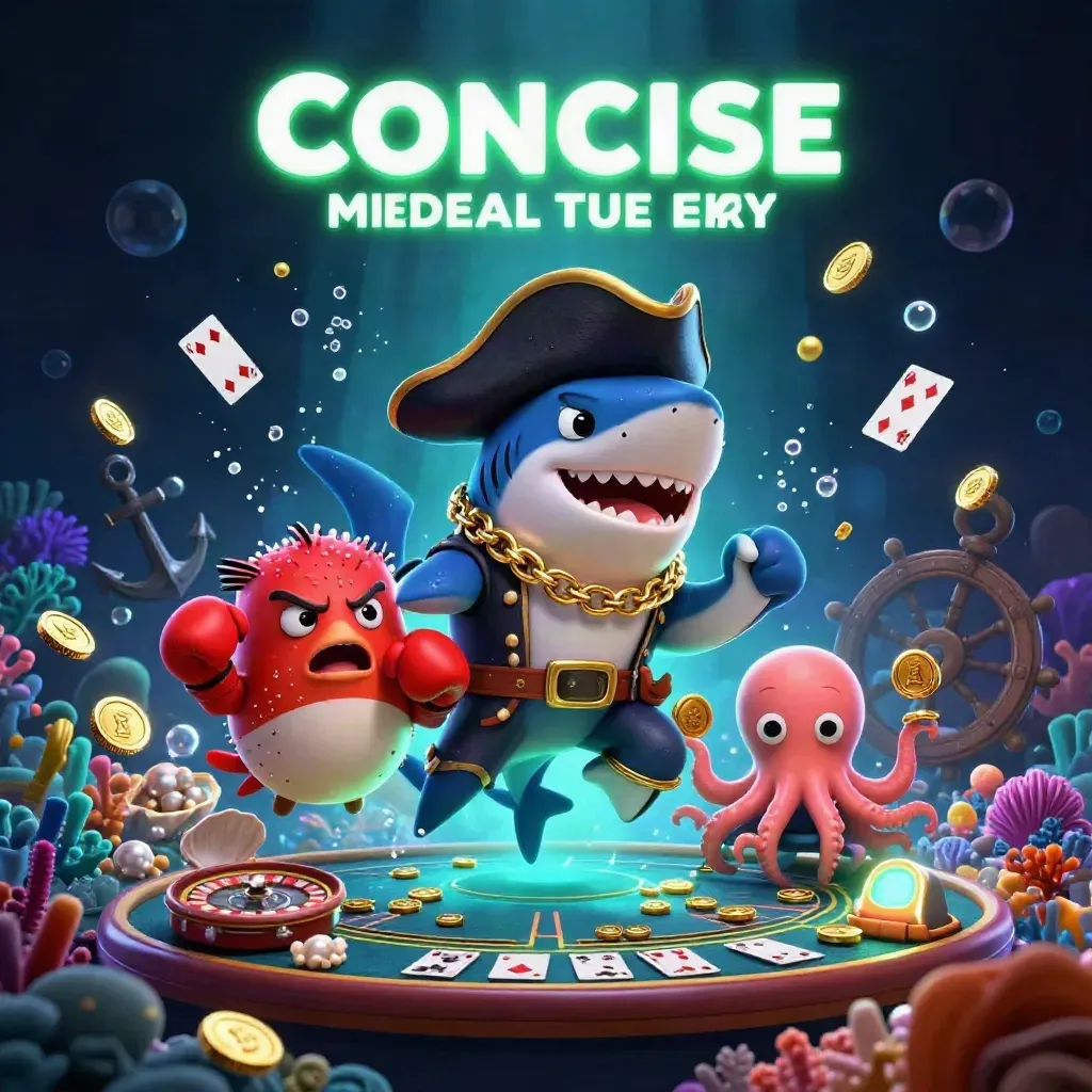 Shark pirate, boxing pufferfish, and juggling octopus amid treasure, coins, and glowing casino props underwater.