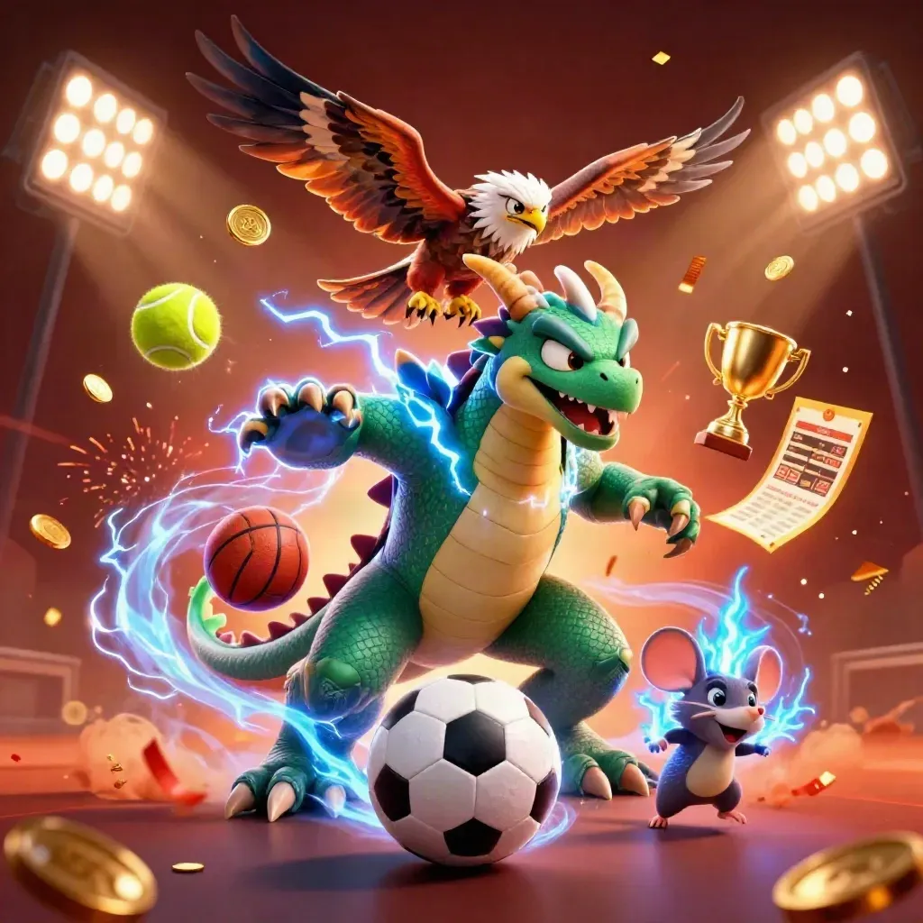 Electric dragon, hawk and mouse amid flying sports balls, gold coins and casino light.