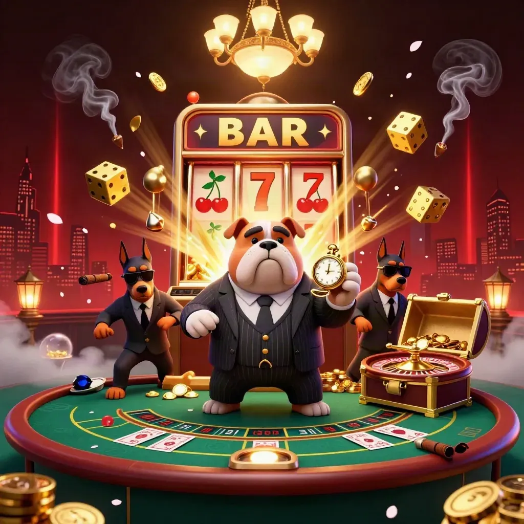Cartoon mafia bulldog and Dobermans amid casino jackpot burst, gold, roulette, and smoky red glow.