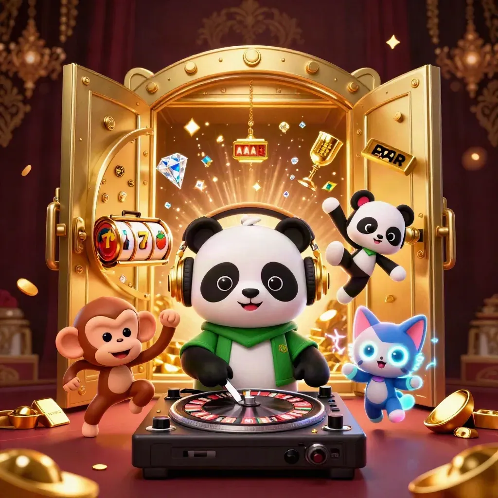 DJ panda, dancing monkey and glow-stick kitten burst from a gold vault in luxe casino key art