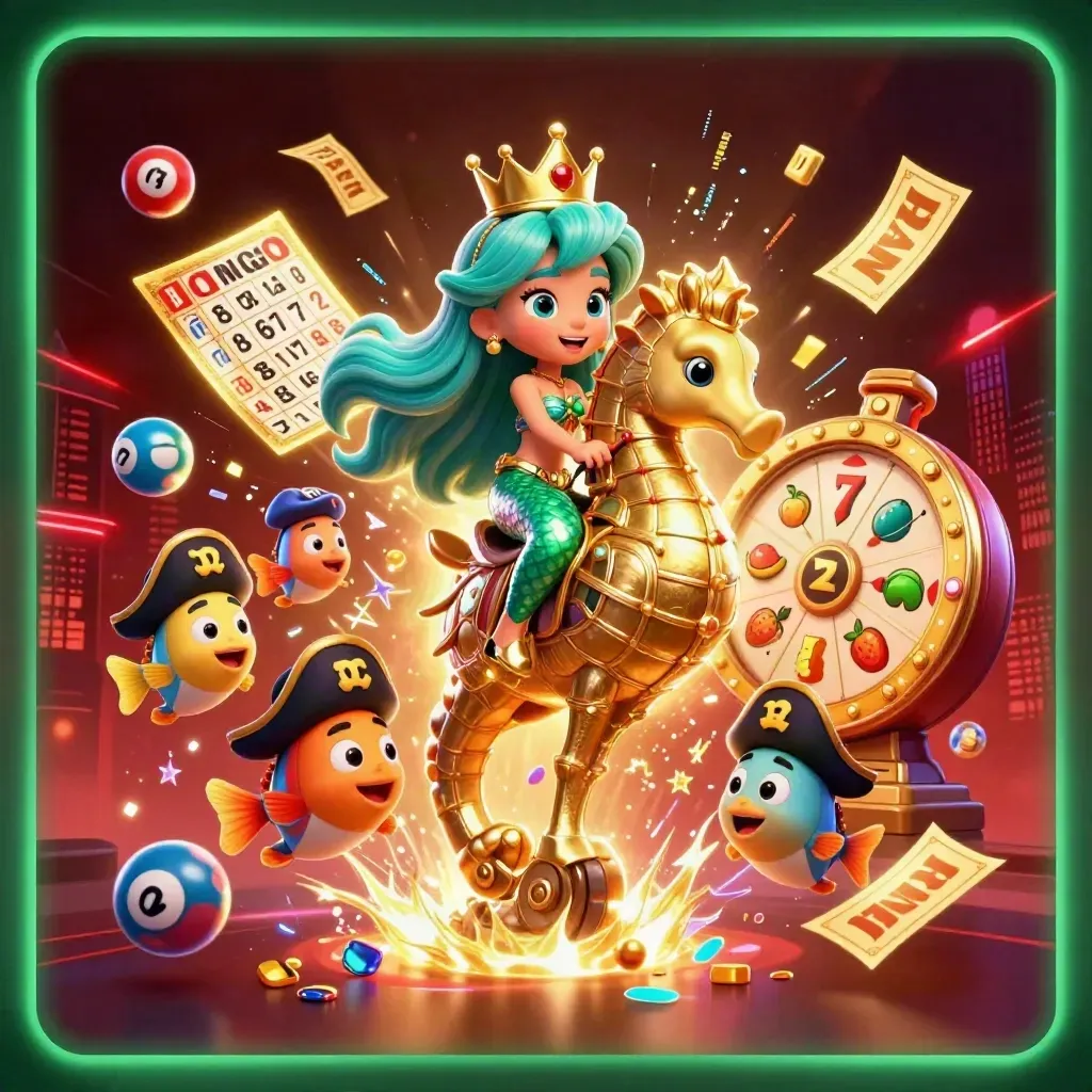 Mermaid princess rides armored seahorse amid jackpots, lottery balls and pirate-fish glow