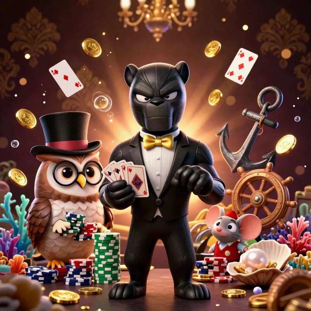 Panther, owl, and mouse in luxe casino heist art with treasure, coral, and glowing coins.