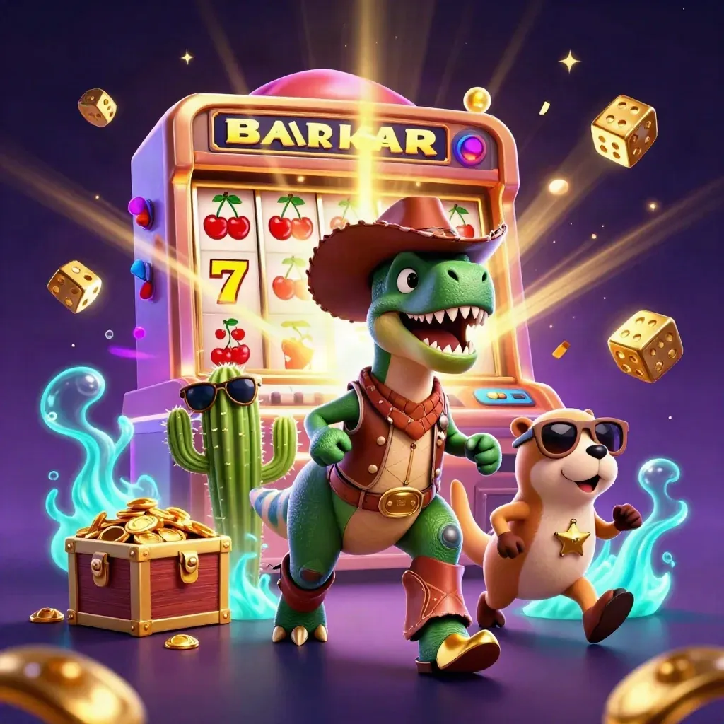 Cowboy T-Rex, cactus, and roadrunner amid exploding slots, gold, and neon cyan glow.