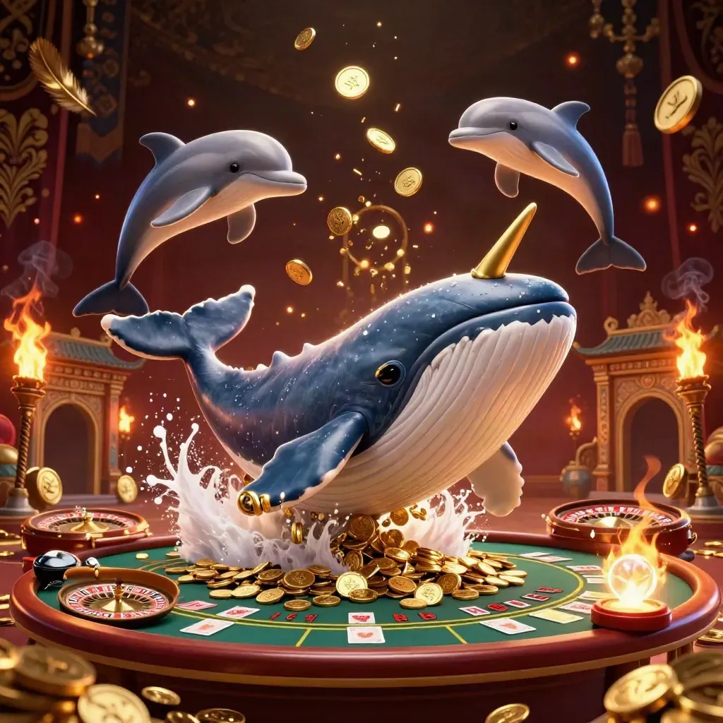 Whale, narwhal and dolphins burst through coins in a luxe casino fantasy with gold firelight.