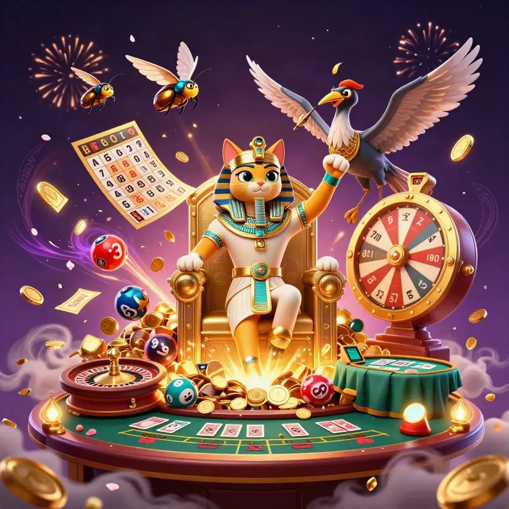 Pharaoh cat, ibis scribe and gem-wing scarabs amid casino riches, coins, fireworks and spinning game symbols.