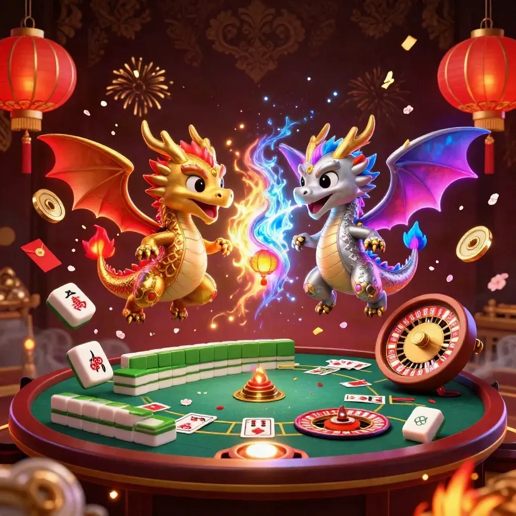 Gold and silver dragons swirl with casino riches, lanterns, coins, fireworks, and a glowing spirit