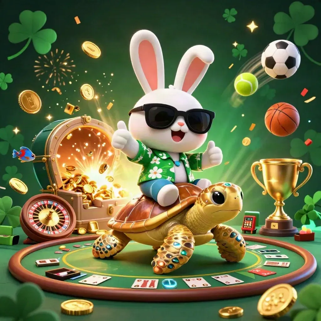 Rabbit on golden turtle amid coins, trophies, roulette, fireworks, and casino glow
