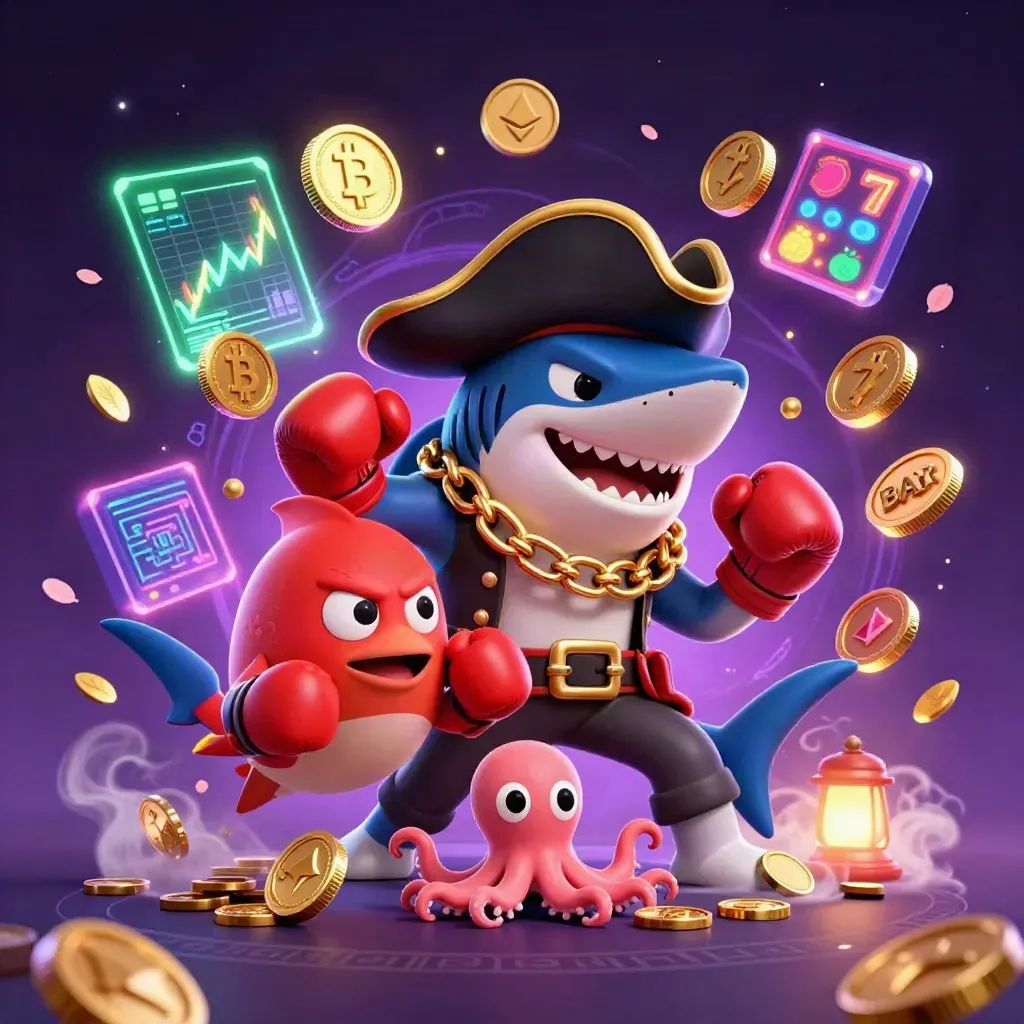 Pirate shark, boxing pufferfish and coin-juggling octopus in a neon casino burst.