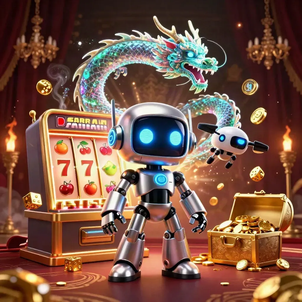 Cyberpunk robot, holographic dragon and coin drone amid jackpot slot burst in luxe casino glow