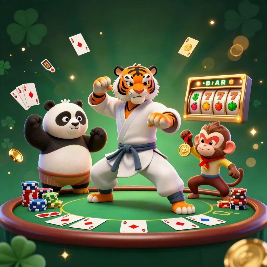 Kung-fu tiger, panda, and monkey around casino props with gold glow and slot reels