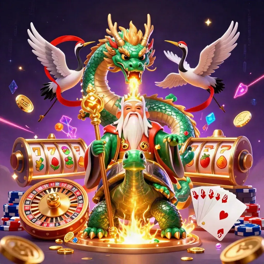 Emerald dragon, turtle sage, and cranes amid casino coins, cards, chips, reels, and golden fire.