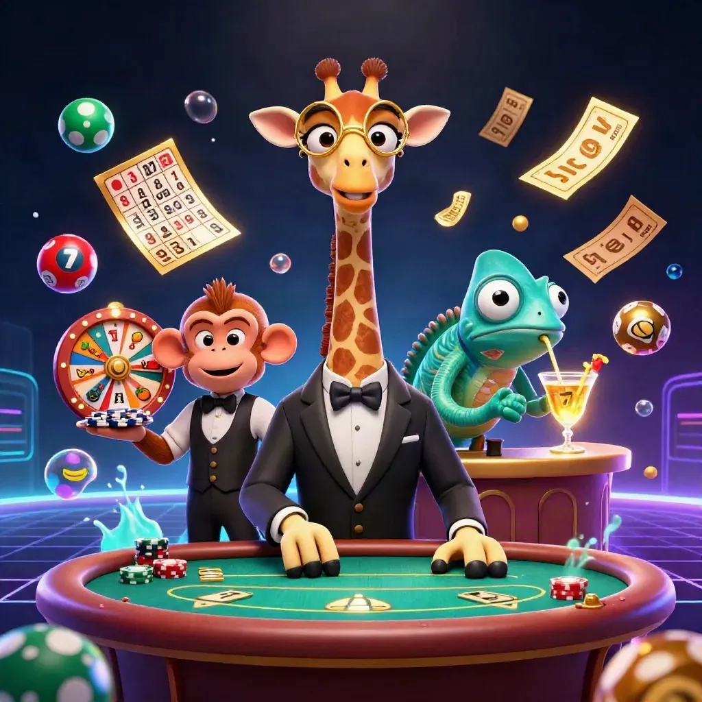 Giraffe, monkey, and chameleon casino mascots with jackpot effects and glowing lights.