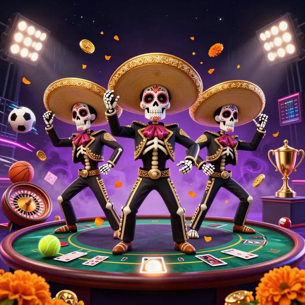 Skeleton mariachi trio amid casino balls, roulette, trophy, coins and neon energy
