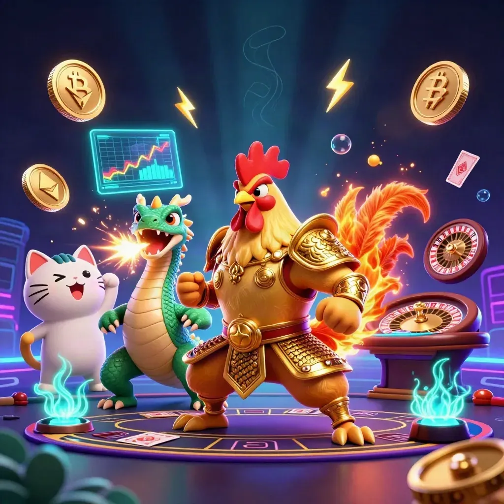 Rooster warrior, dragon hatchling and fortune cat amid glowing casino coins and neon effects.