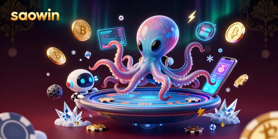Engage in thrilling games at Saowin with a vibrant 3D scene of an alien octopus at a holographic poker table.