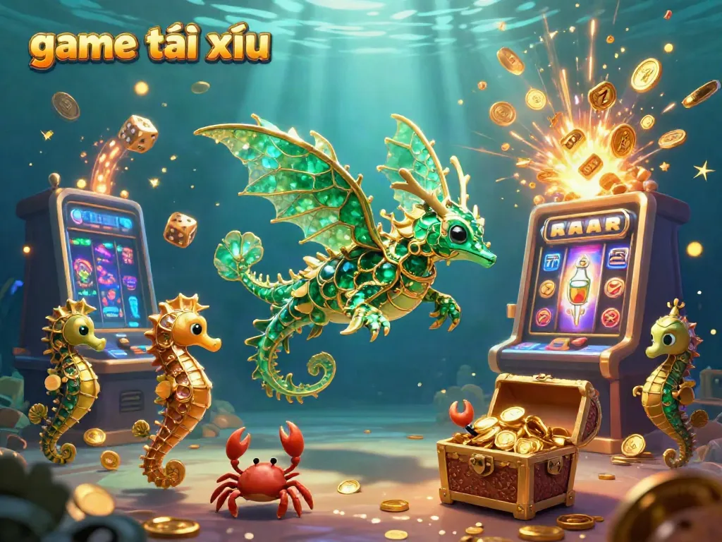Engage in the excitement of game tài xỉu with vibrant 3D casino fantasy art featuring dragons and slot machines.