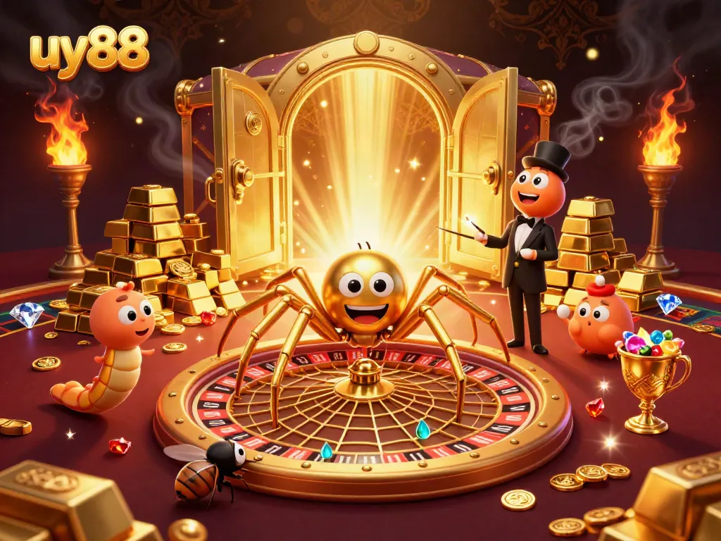 Bet nervously on uy88 as a golden spider spins a roulette wheel web, guided by a centipede croupier.