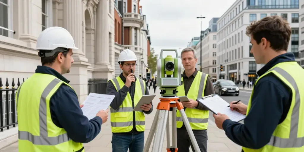 Measured Building Survey London in action, showcasing precise urban surveying techniques and advanced equipment.