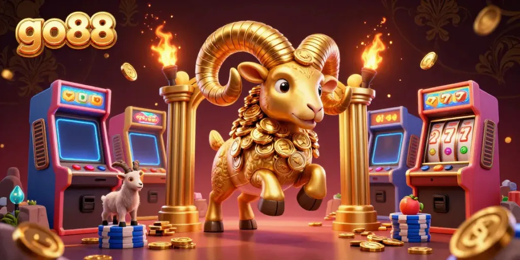 Vibrant go88 casino illustration with a golden ram charging through vibrant slot machines and gold coins.