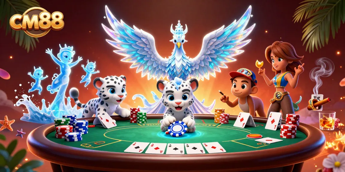 Experience cm88's dynamic gaming with a vibrant 3D casino scene featuring a playful snow leopard and ice phoenix.