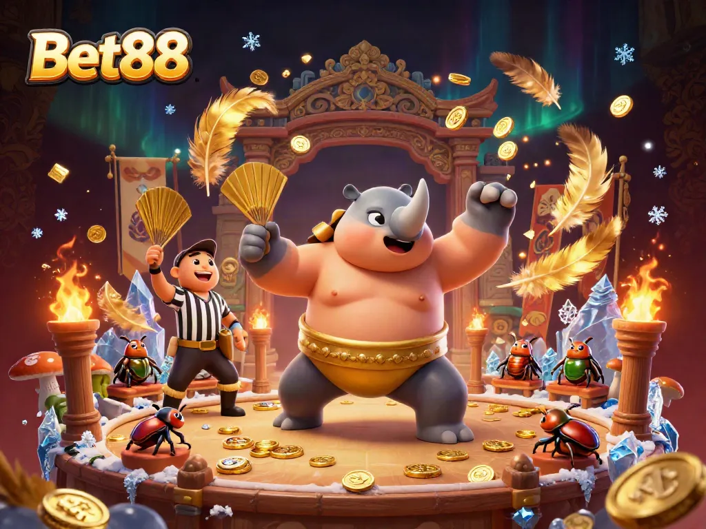 Experience Bet88's thrilling action with a 3D sumo champion beetle surrounded by vibrant casino elements.