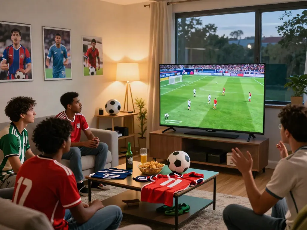 Fans enjoying a live soccer match on Xoilactv in a cozy living room, showcasing vibrant atmosphere and Full HD display.