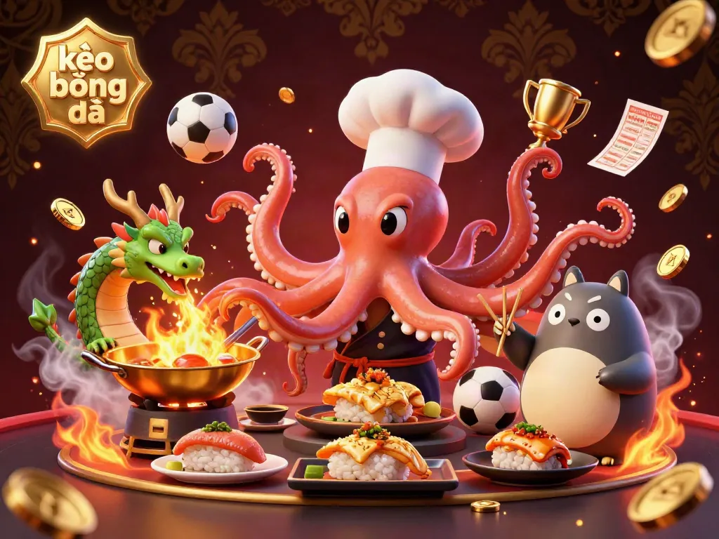 Engage in kèo bóng đá action with a vibrant scene depicting an octopus chef, dragon, and tanuki in a sports betting environment.