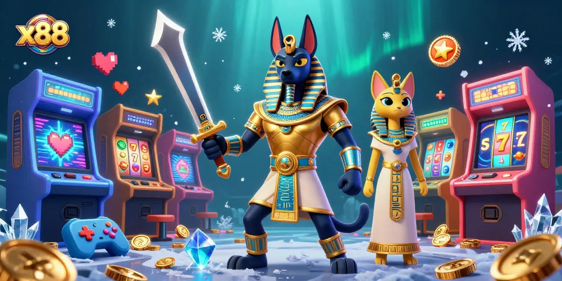 x88 showcases an exciting online gaming scene featuring Anubis and Bastet among vibrant slot machines.