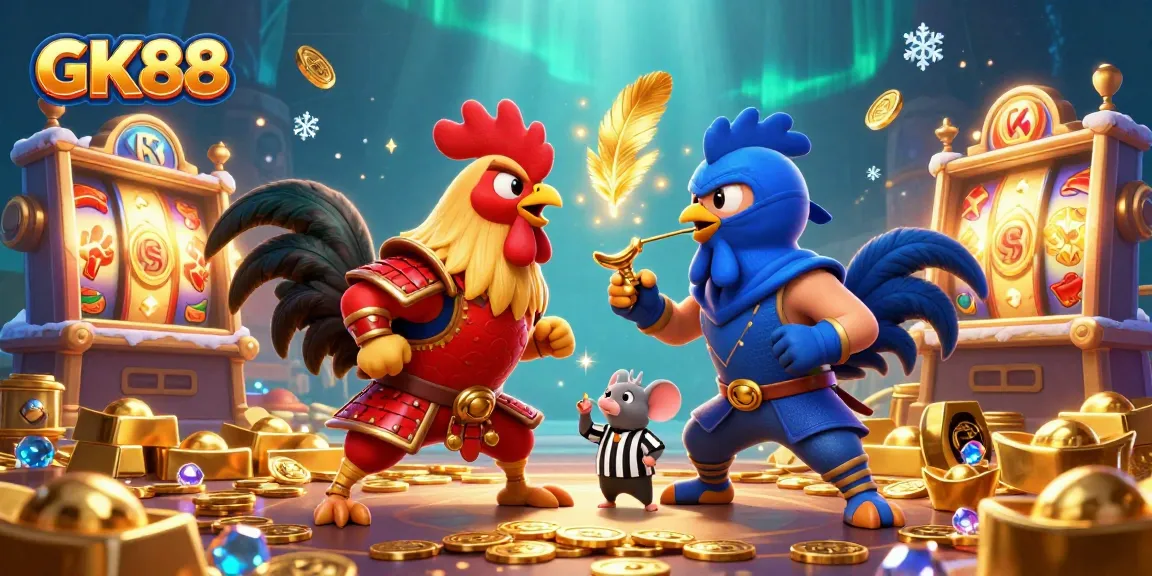 Experience the excitement at GK88 with colorful fighting roosters and a treasure-filled casino atmosphere.