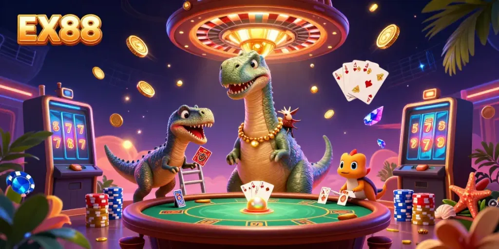 Experience exhilarating gaming with EX88 in a vibrant 3D casino scene, filled with dynamic elements.