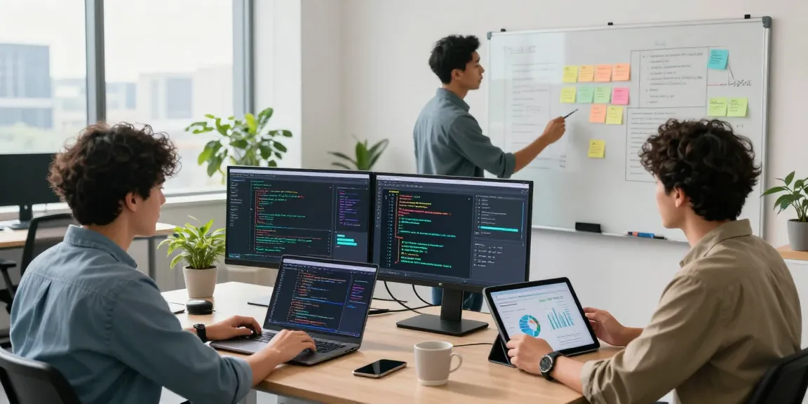 Diverse team collaborating on the best AI tools in a modern office, showcasing productivity and innovation.