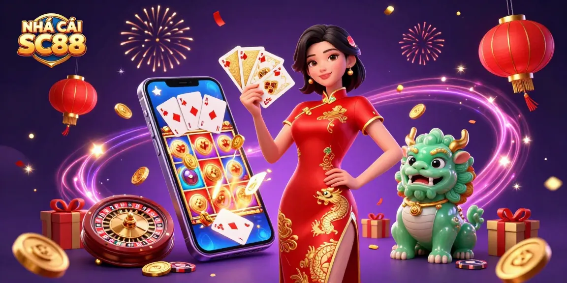 Experience vibrant gaming adventure with NHÀ CÁI SC88, featuring golden playing cards and red lanterns.