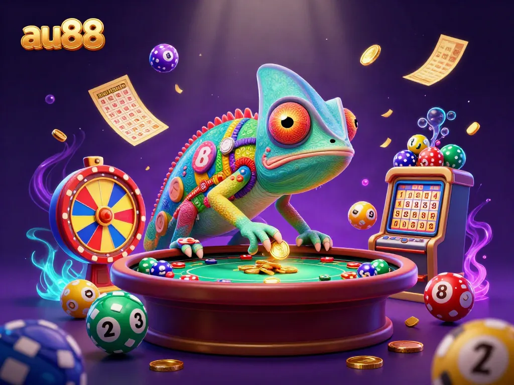 Engaging illustration of au88's chameleon mascot surrounded by colorful lottery elements in a casino setting.
