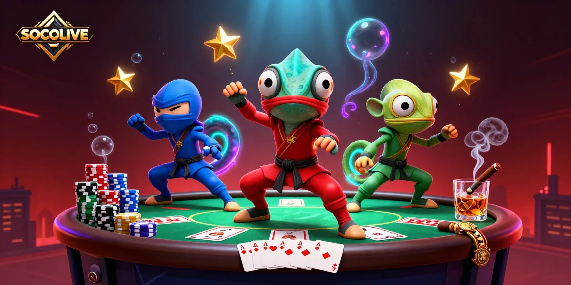SOCOLIVE ninja chameleons showcase thrilling poker action with vibrant casino elements.