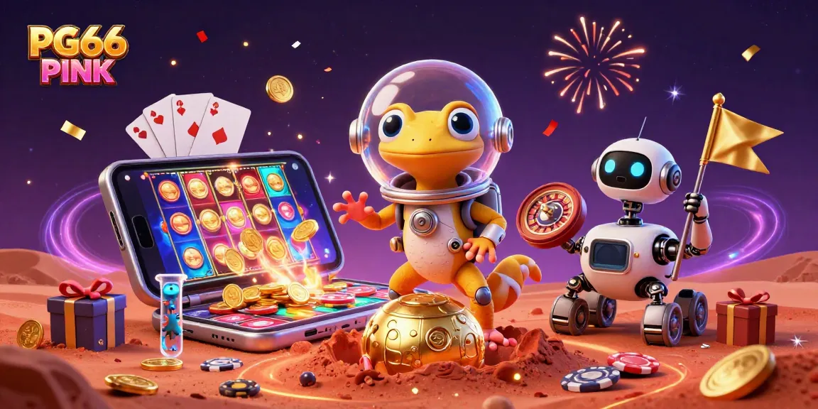 Experience PG66 PINK in this dynamic 3D illustration of a gecko exploring a golden casino.