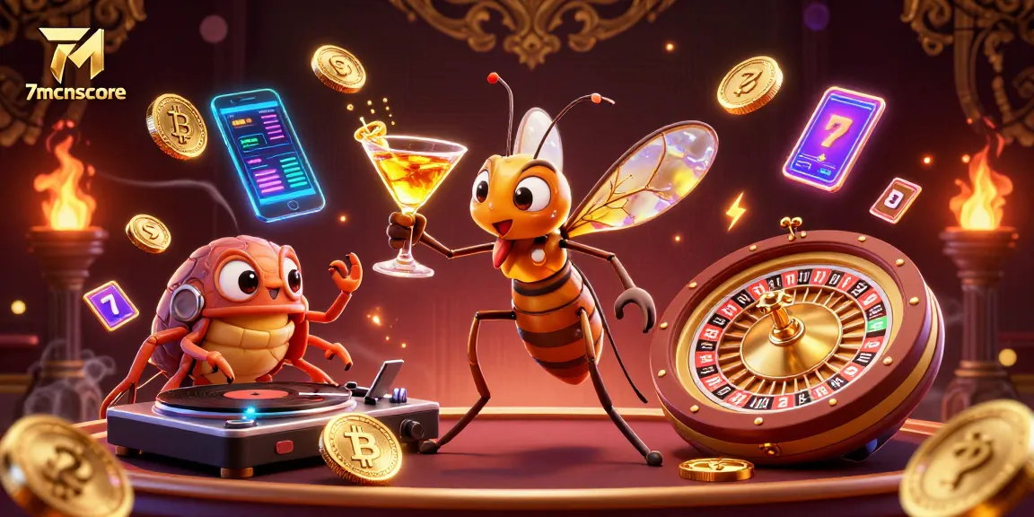 Experience the excitement of 7mcnscore with animated casino characters and crypto elements