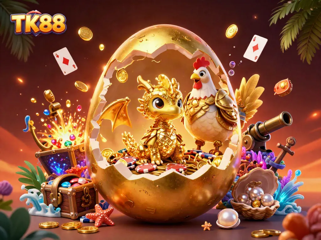 Experience excitement with TK88's golden dragon and poker chips in a vibrant casino illustration.