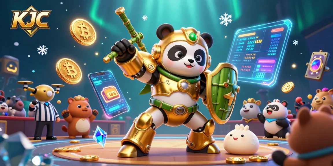 KJC presents an exciting 3D scene of a mech-suit golden panda in a gambling arena, showcasing cryptocurrency elements.