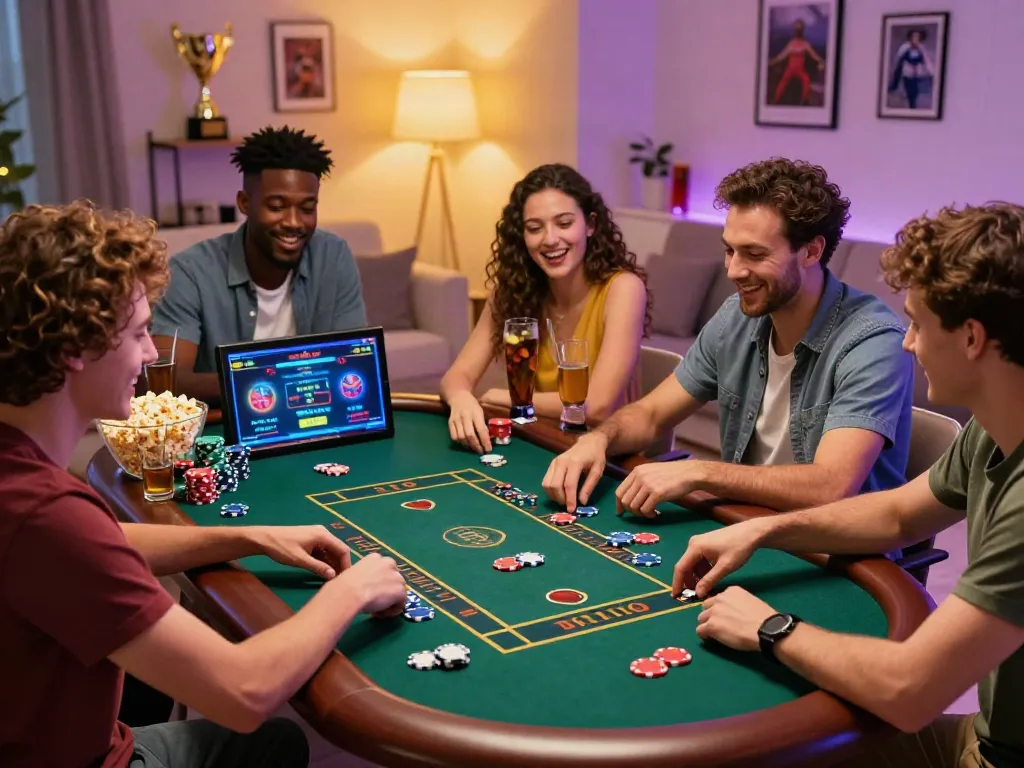 Friends enjoying online gambling at home via https://vin88.team/ with vibrant gaming setup and casual atmosphere.