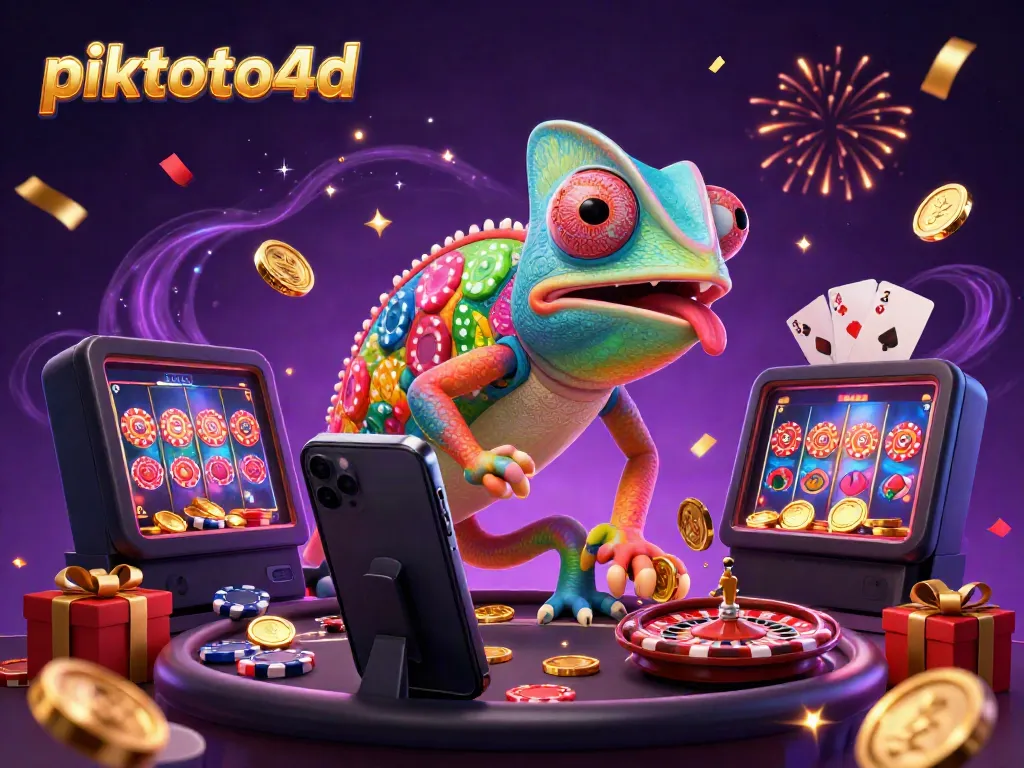 Engage with the vibrant world of piktoto4d through a dynamic casino illustration featuring a chameleon owner and vibrant game elements.