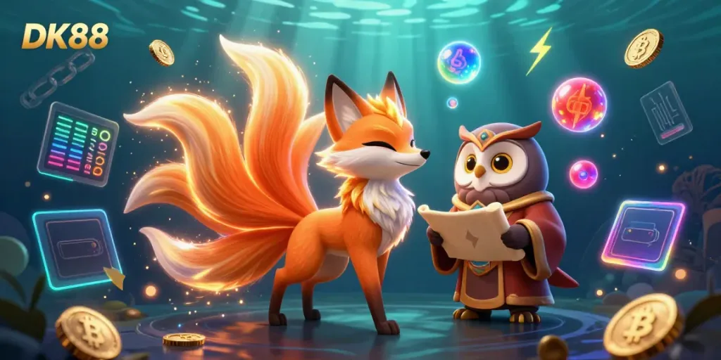 Engage with DK88 and explore vibrant online gaming through a mystical scene featuring a nine-tailed fox and wise owl.